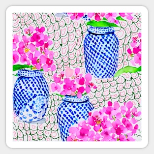 Pink flowers in chinoiserie jars Sticker